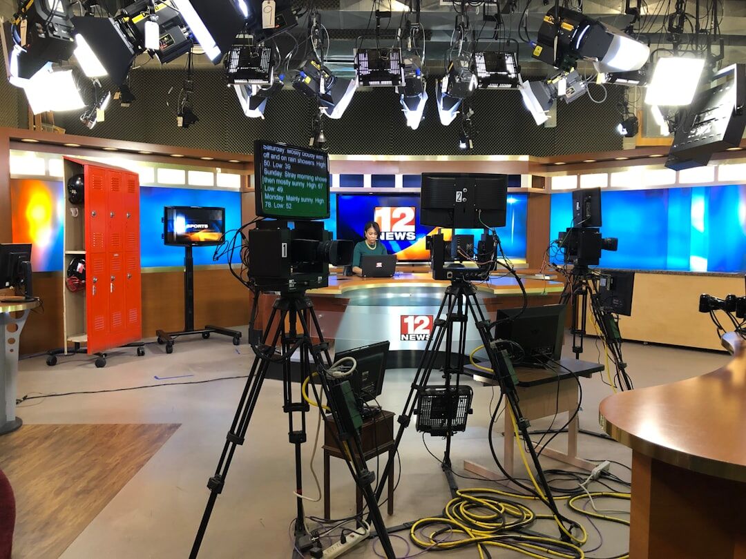 Professional broadcast camera lens in a television studio